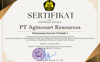 Winner of Best Innovation 1 Mining Safety for Mineral Commodity Companies from the Directorate of Technical and Environmental Minerals and Coal, Directorate General of Minerals and Coal, Ministry of Energy and Mineral Resources.