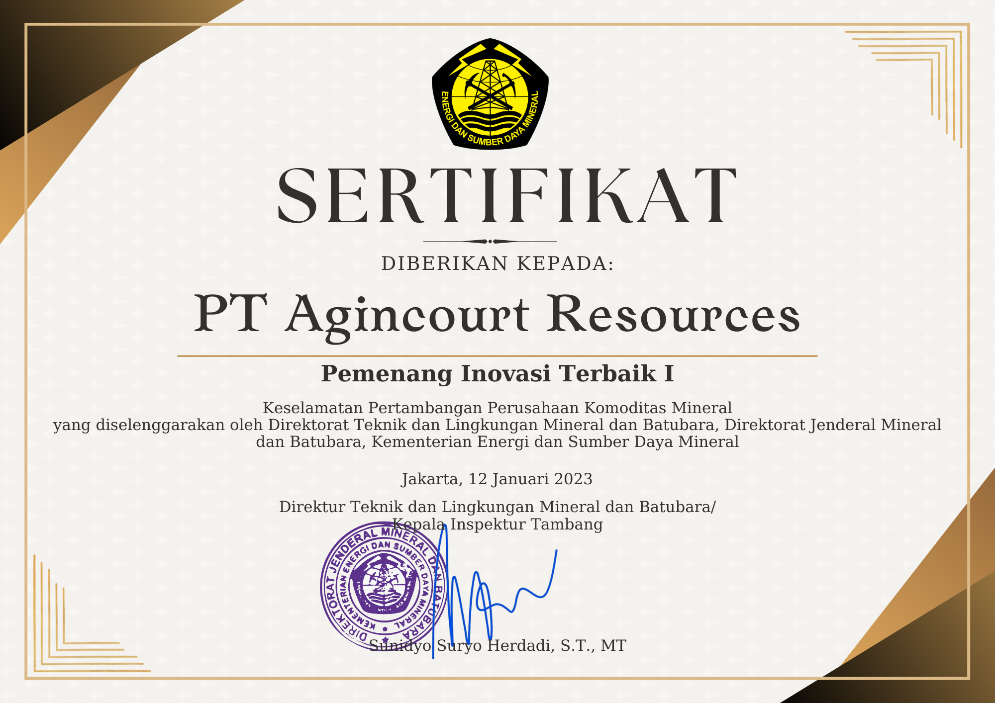 Winner of Best Innovation 1 Mining Safety for Mineral Commodity Companies from the Directorate of Technical and Environmental Minerals and Coal, Directorate General of Minerals and Coal, Ministry of Energy and Mineral Resources. Winner of Best Innovation 1 Mining Safety for Mineral Commodity Companies from the Directorate of Technical and Environmental Minerals and Coal, Directorate General of Minerals and Coal, Ministry of Energy and Mineral Resources.
