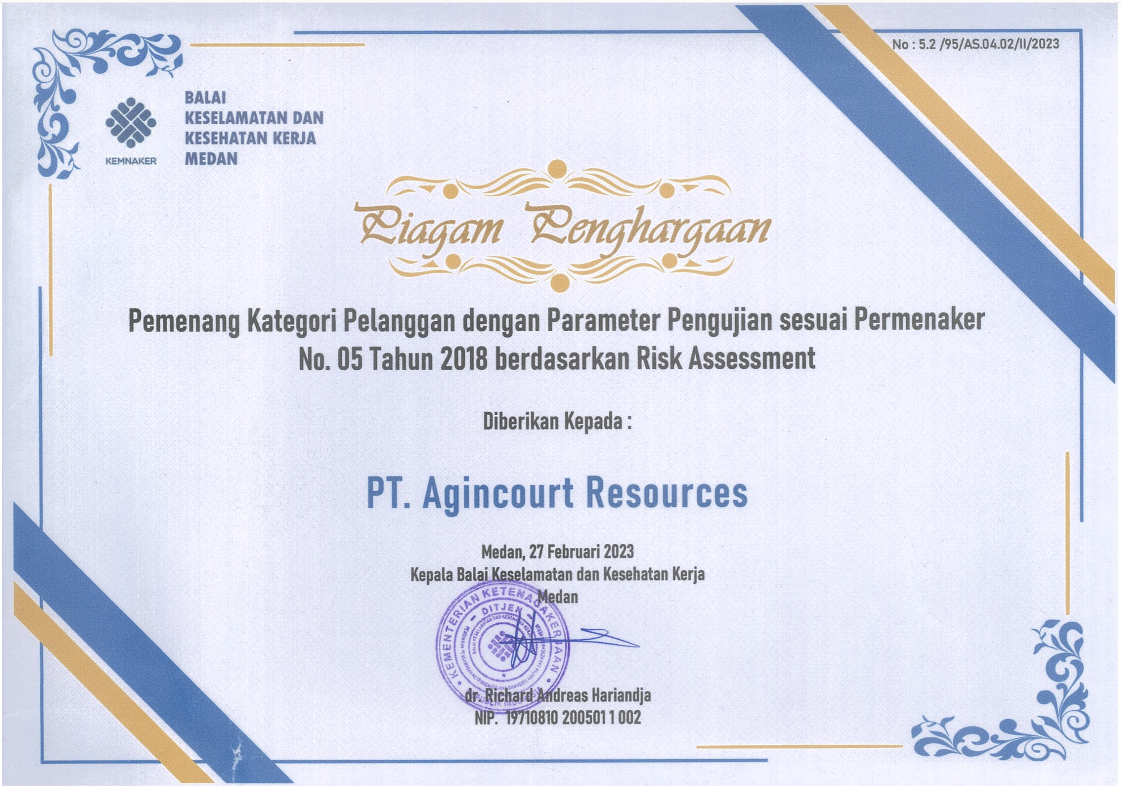 Award (award) category winner as a company that uses parameter testing in accordance with the Minister of Manpower in the field of Occupational Safety and Health (K3) in accordance with the parameters