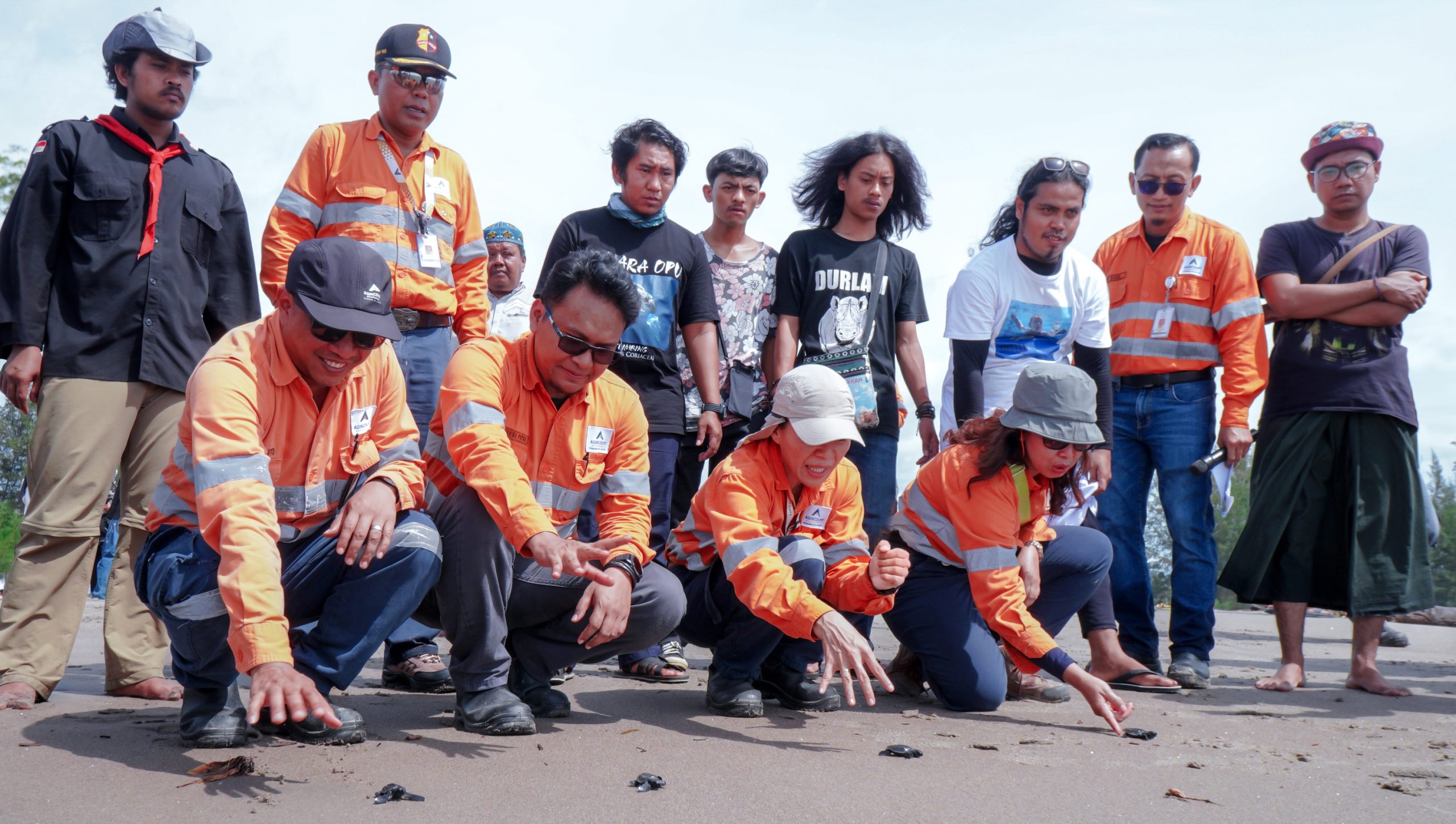 Photo 2: (bottom, second from left) Deputy General Manager Operations of PT Agincourt Resources, Wira Dharma Putra, together with the management releases turtle hatchlings on the West Coast of Muara Opu, South Tapanuli, Sunday (7/1/2024)