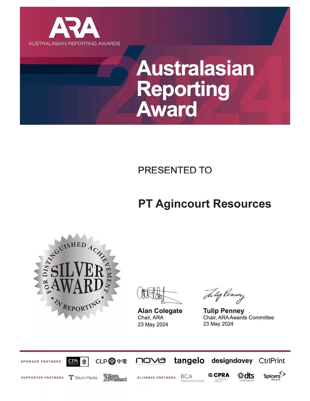 Laporan Tahunan (Annual Report) Agincourt Resources untuk tahun. 2023 berhasil meraih penghargaan bergengsi yakni penghargaan Perak (Silver)